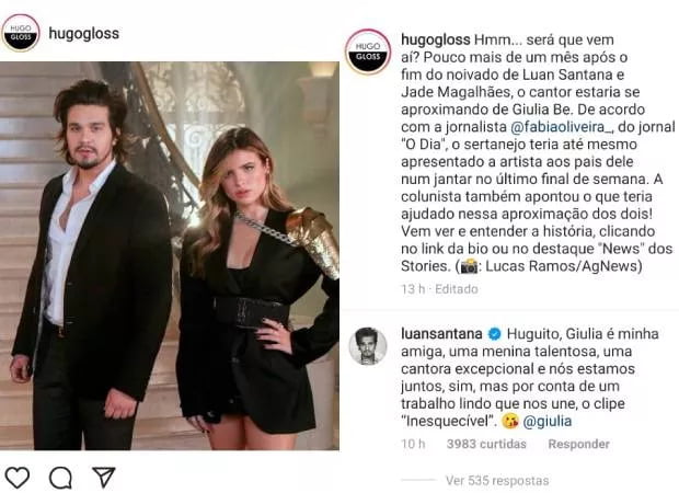 Luan Santana responde publicação de Hugo Gloss a respeito de sua aproximação com Giulia Be. (Foto: Reprodução)