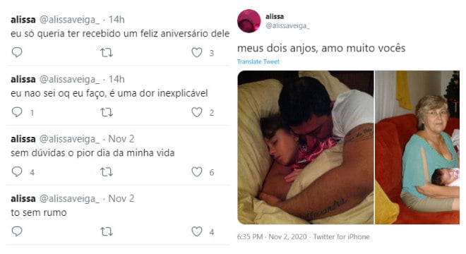 Posts de Alissa Veiga em seu twitter sobre a perda de seu pai. (Foto: Reprodução)