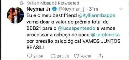 Neymar desmente suposta doação a Lucas do BBB21 (Foto: Reprodução)