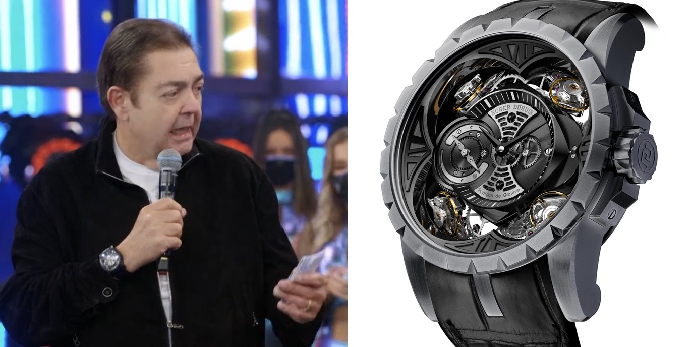 Faustão no programa deste domingo (25/04/2021) e o seu relógio milionário em detalhe (Foto: Reprodução)