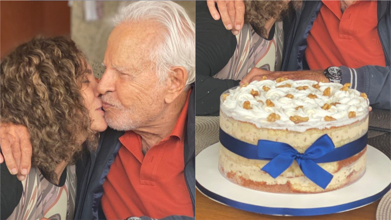 Aniversário de Cid Moreira tem bolo e beijo da esposa (Foto: Reprodução)