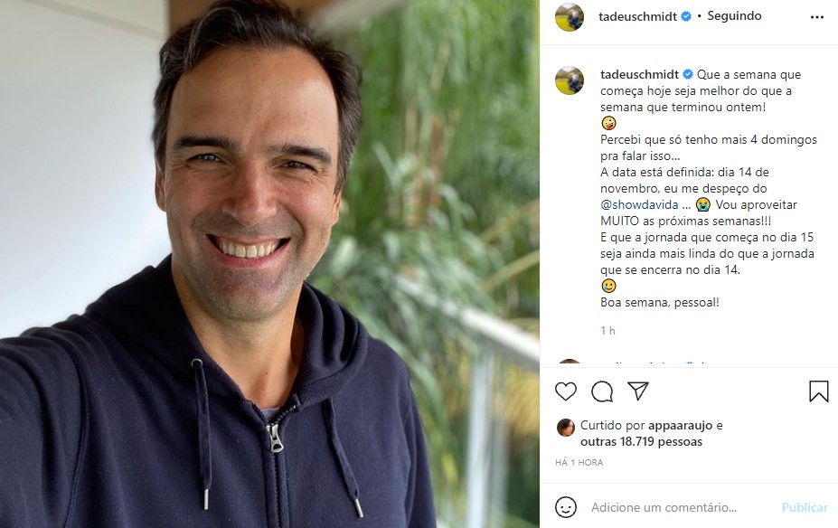 Tadeu Schmidt confirmou o dia que se despedirá do Fantástico (Foto: Reprodução/ Instagram)