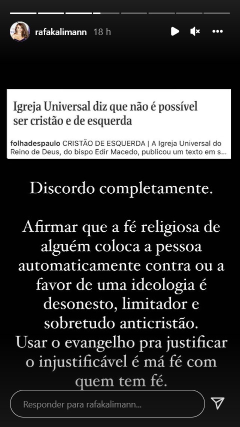 A apresentadora da Globo, Rafa Kalimann critica Igreja Universal (Foto: Reprodução)