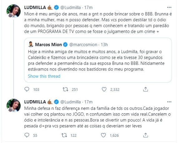Cantora fez um pronunciamento e defendeu Marcos Mion (Foto: Reprodução/ Twitter)