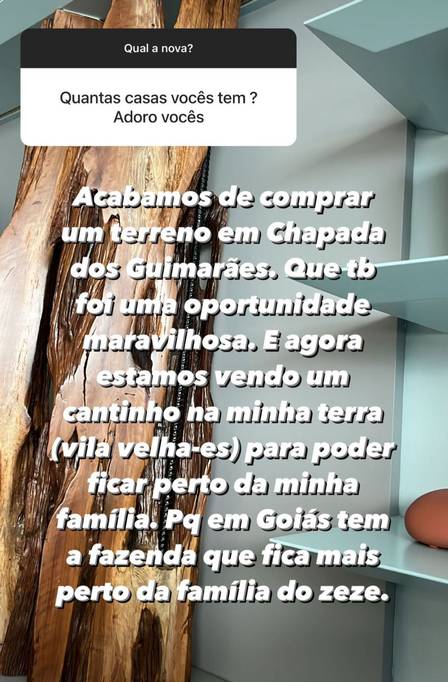 Graciele Lacerda falou sobre seus imóveis com Zezé Di Camargo (Foto: Reprodução/ Instagram)