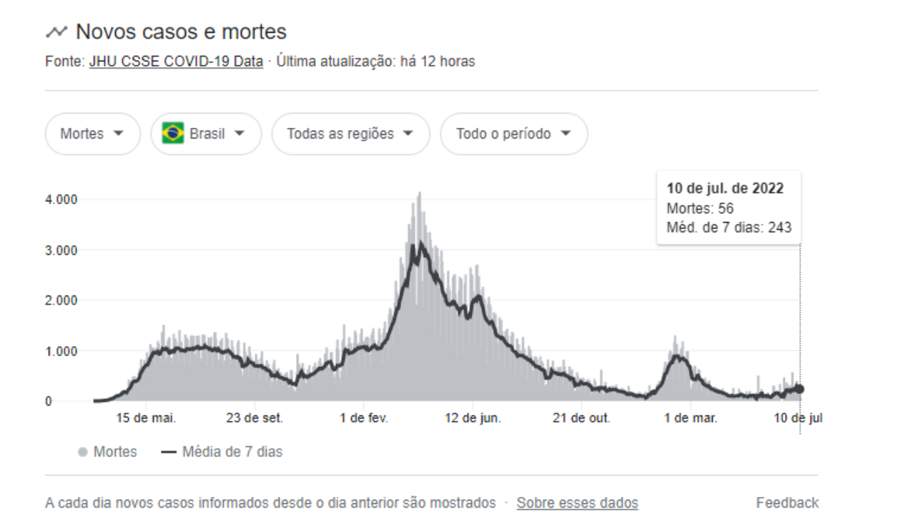 Quadro com número de mortes por COVID no Brasil. Fonte: Reprodução/Google