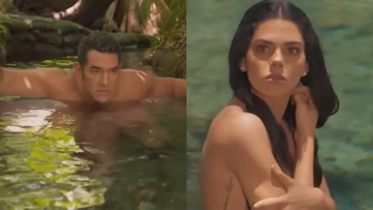 Em A Desalmada, Otávio tenta abusar de Fernanda enquanto ela toma banho nua em um rio. (Foto: Reprodução)